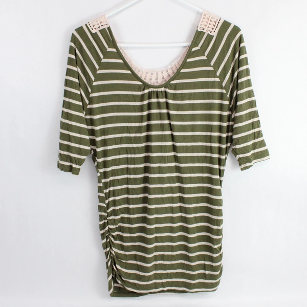 Rue 21 Top Crochet Back Green Tan Striped 3/4 Length Sleeves Size Medium