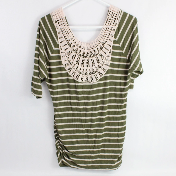 Rue 21 Top Crochet Back Green Tan Striped 3/4 Length Sleeves Size Medium