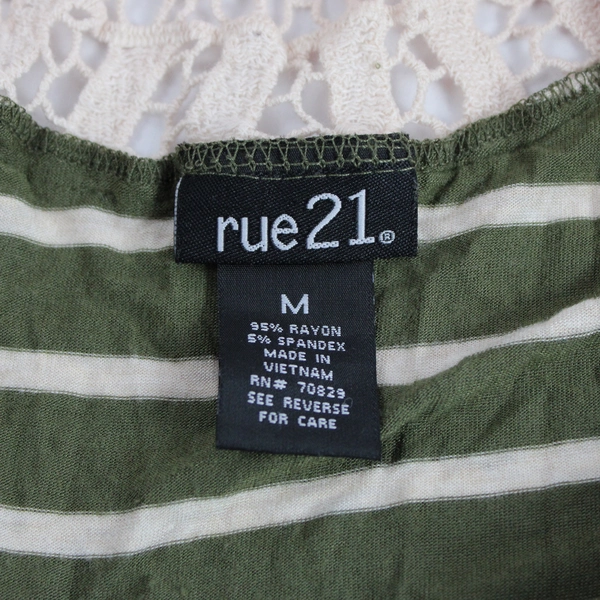 Rue 21 Top Crochet Back Green Tan Striped 3/4 Length Sleeves Size Medium