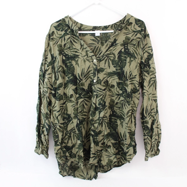 Old Navy Women's 1/4 Button Up Pullover Top Size XL Cotton Green Leaves Print