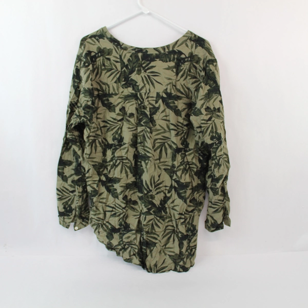 Old Navy Women's 1/4 Button Up Pullover Top Size XL Cotton Green Leaves Print