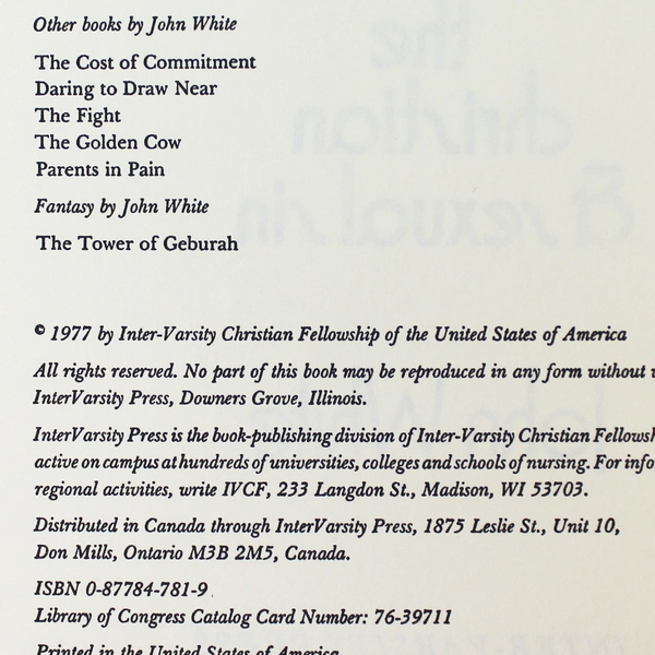 EROS Defiled the Christian & Sexual Sin by John White 1977 Inter-Varsity Press