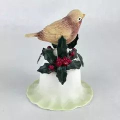 Lot of Ceramic Bird Christmas Bells Tan Sparrow with Red Holly Decor