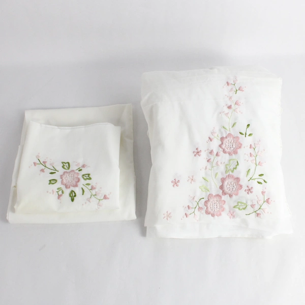 3 PC Set Hand-Stitched Embroidered Double Flat Sheet and Pillowcases