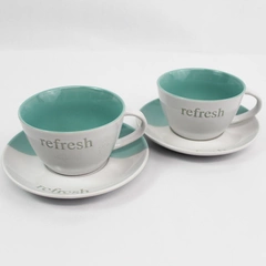 Lot of 2 Create By Just Mugs Refresh Cups and Saucers White & Teal Ceramic