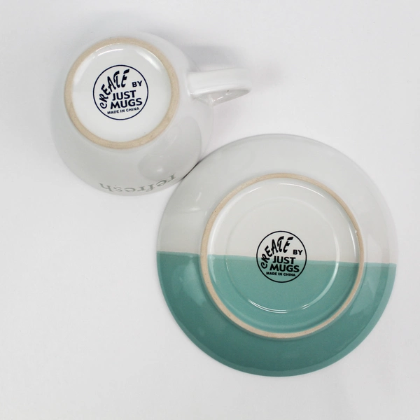 Lot of 2 Create By Just Mugs Refresh Cups and Saucers White & Teal Ceramic
