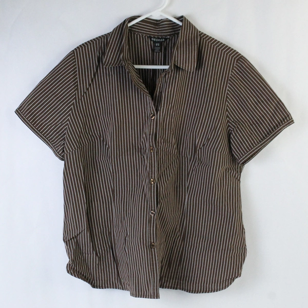 George Women's Brown Stripe Short Sleeve Button Down Blouse Top Collared