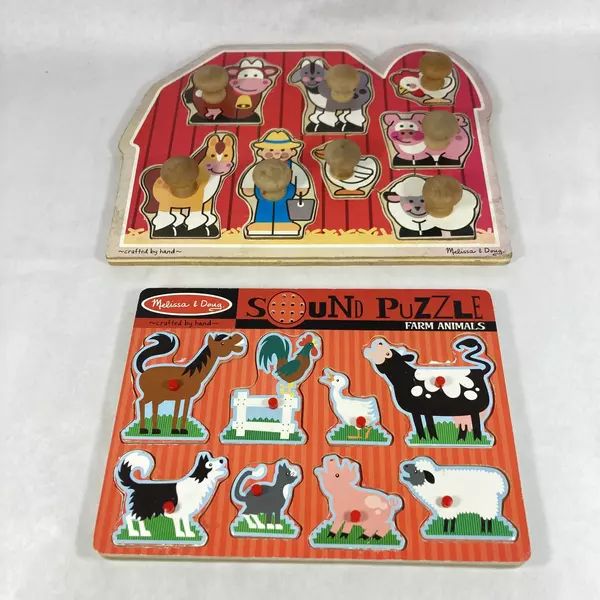 2 Melissa And Doug Hand Crafted Knob Wood Farm Animal Puzzles One Has Sound