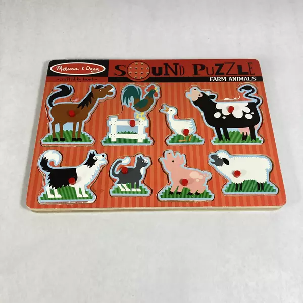 2 Melissa And Doug Hand Crafted Knob Wood Farm Animal Puzzles One Has Sound