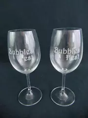 Lot of 2 Crystal Wine Glasses Long Stem Etched Bubbles Fest 8in Tall Clear