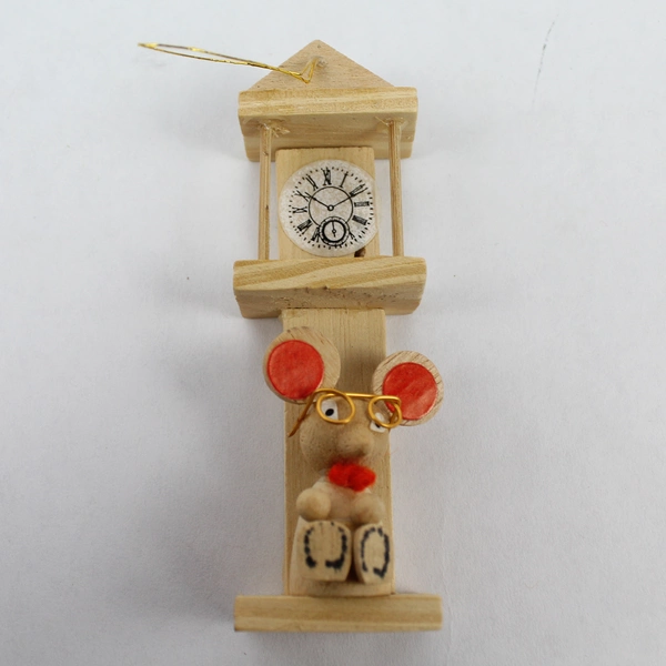 Vintage Wooden Grandfather Clock & Mouse Ornament for Christmas Tree Decor