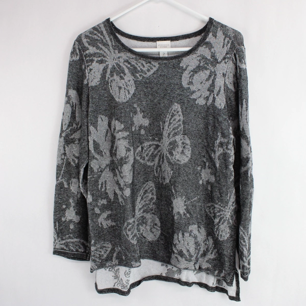 Weekends by Chico's Gray Butterfly and Floral Pattern Knit Top Women's Size 2