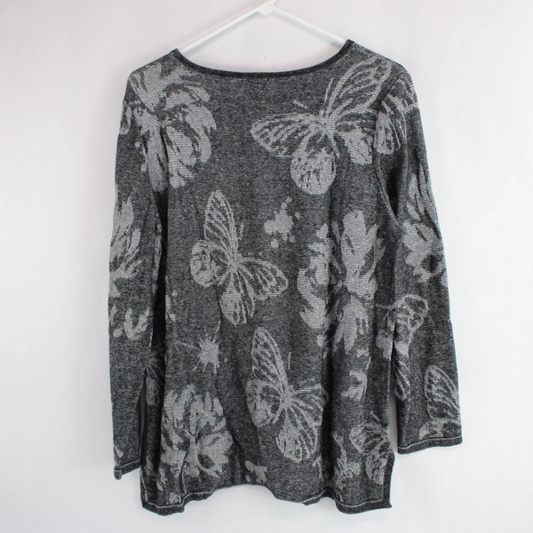Weekends by Chico's Gray Butterfly and Floral Pattern Knit Top Women's Size 2