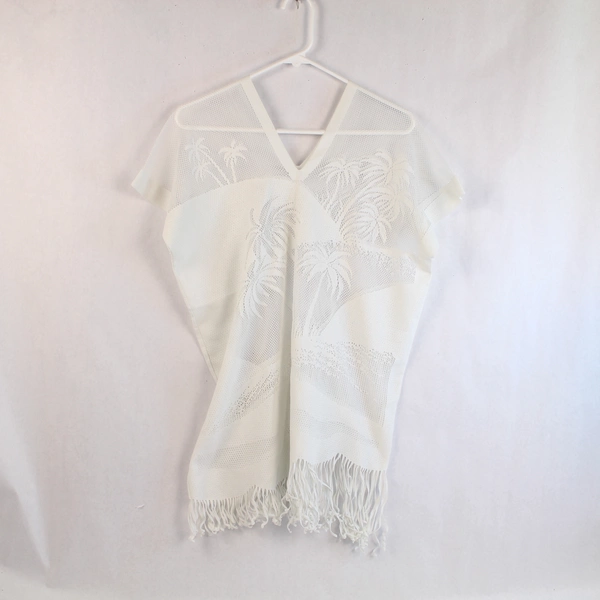 White Lace Palm Tree Poncho V Neck Fringe Hem Size Small Vintage Fashion