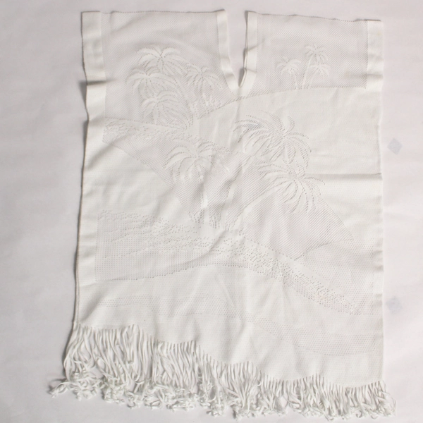 White Lace Palm Tree Poncho V Neck Fringe Hem Size Small Vintage Fashion