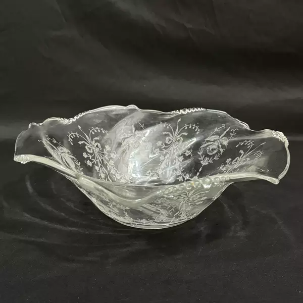 Vintage Heisey Orchid Glass Bowl 12" Crimped Edge with Floral Etching