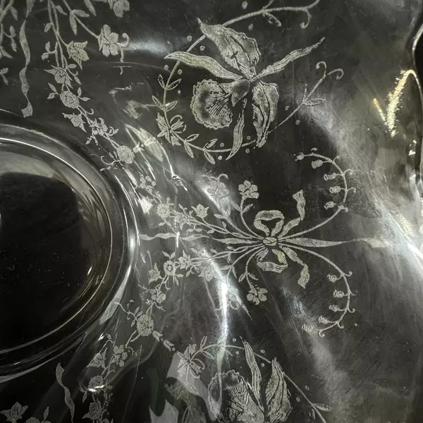 Vintage Heisey Orchid Glass Bowl 12" Crimped Edge with Floral Etching