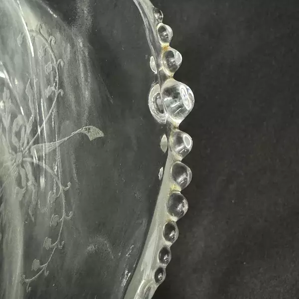 Vintage Heisey Orchid Glass Bowl 12" Crimped Edge with Floral Etching