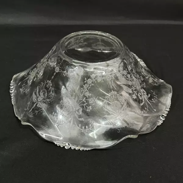 Vintage Heisey Orchid Glass Bowl 12" Crimped Edge with Floral Etching