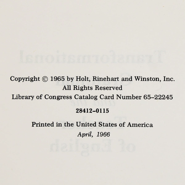 Transformational Grammar and the Teacher of English by Owen Thomas 1965 PB