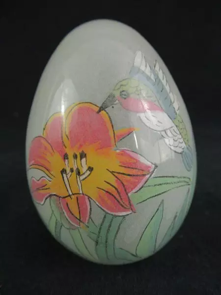 Hand Blown Painted Glass White Frosted Egg Hummingbird and Flower