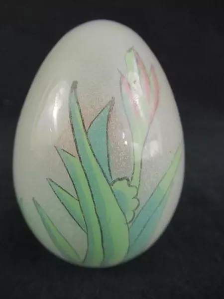 Hand Blown Painted Glass White Frosted Egg Hummingbird and Flower