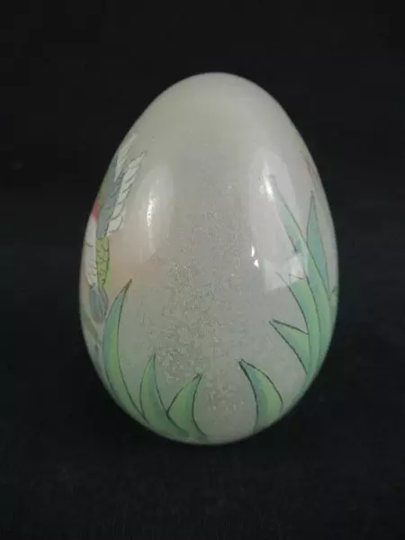 Hand Blown Painted Glass White Frosted Egg Hummingbird and Flower