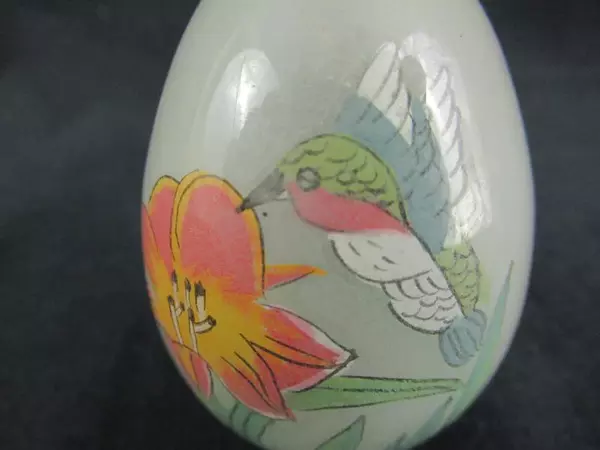 Hand Blown Painted Glass White Frosted Egg Hummingbird and Flower