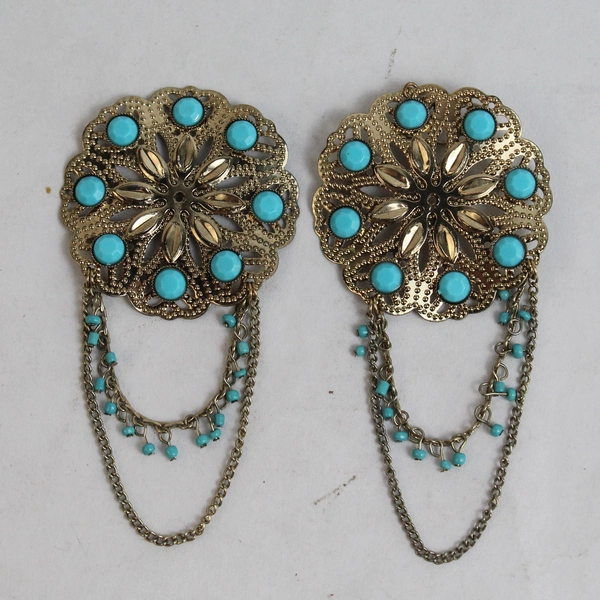 Single Pair of Gold-toned Intricate Earrings False Turquoise 1.75"