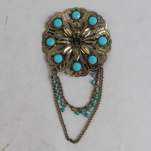 Single Pair of Gold-toned Intricate Earrings False Turquoise 1.75"