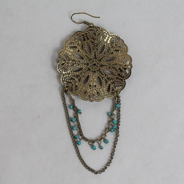 Single Pair of Gold-toned Intricate Earrings False Turquoise 1.75"