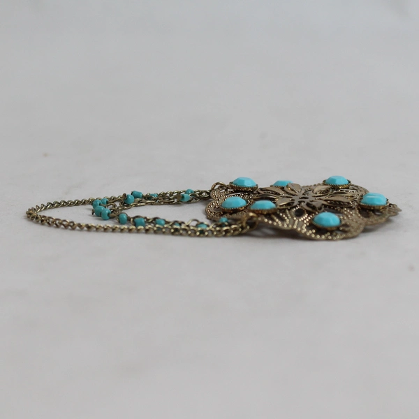 Single Pair of Gold-toned Intricate Earrings False Turquoise 1.75"