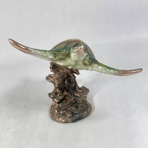 Ceramic Swimming Sea Turtle Figurine On a Bronze Coral Base