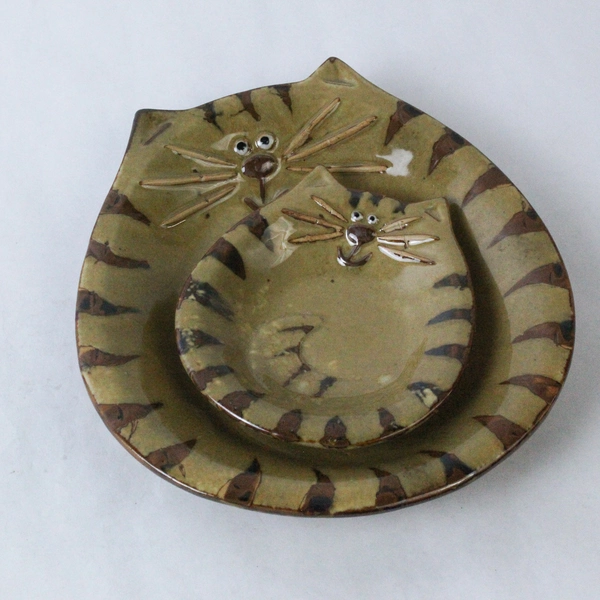 Lot of 2 August Tii Collections Tiger Tabby Cat Dish Plate Trinket Holder Spoon