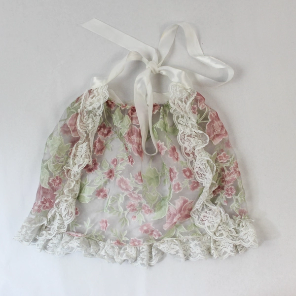 Sheer White Lace Apron with Pink Roses - Queen Size Lingerie Sleepwear