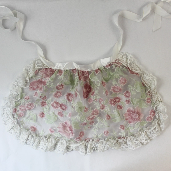 Sheer White Lace Apron with Pink Roses - Queen Size Lingerie Sleepwear