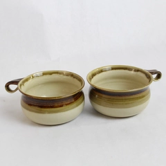 Lot of 2 Stoneware Glazed Brown Green Beige Soup Mugs Bowls