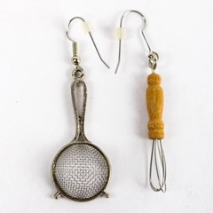 Mini Novelty Kitchen Utensil Earrings Wooden Whisk Metal Mesh Strainer Dangle