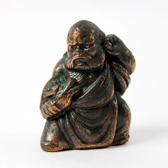 Vintage Small Chinese Bronze Colored Figurine Holding A Dragon 2 Inch 