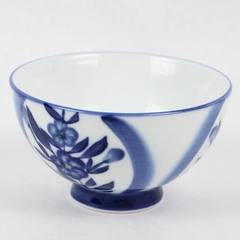 White Ceramic Asian Footed Rice Bowl Cobalt Blue Floral Pattern