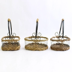 Set of 3 Tiny Brown Wicker and Metal Wire Baskets Different Shapes
