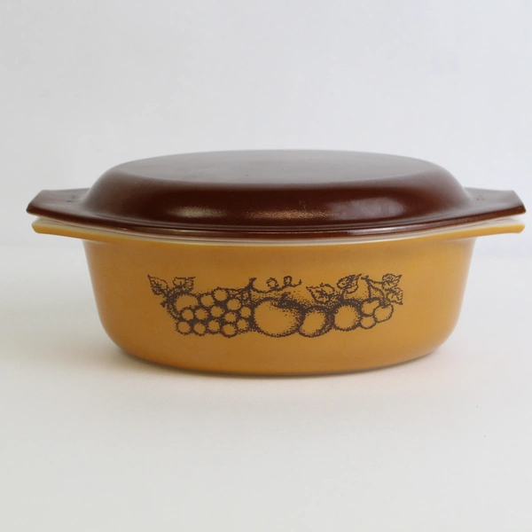 Vintage Pyrex 1.5 Qt Covered Oval Casserole Dish Old Orchard Brown Lid
