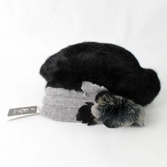 Forbusite Beret Wool Angora Black Gray Women's Hat Flower NWT