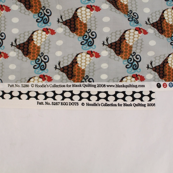 Lot of 2 Quilting Fabric Panels Farmhouse Rooster Eggs & Black White Dots