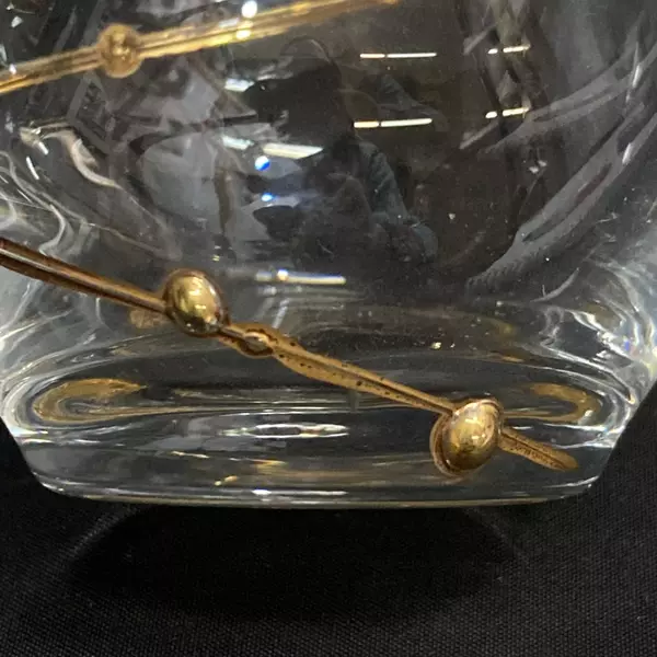 2 Clear Crystal Juice or Cordial Glasses Gold Rim and Gold Swirl Beaded Band