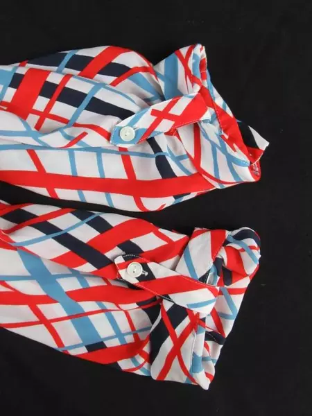 Halogen Women's Small Red White Blue Striped Blouse Button-Up Roll Tab Sleeves