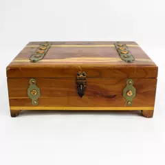 Vintage Hinged Lid Cedar 4 Footed Jewelry Box With Brass And Copper Trim