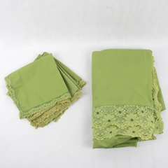 7 Piece Set Vintage Green Tablecloth and Napkins Floral Lace Trim