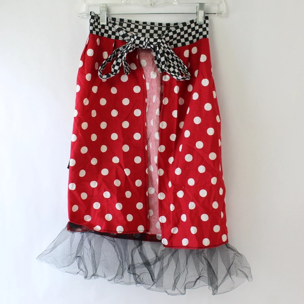 Handmade Cherry Pattern Half Apron with Tulle Trim - Red Black White