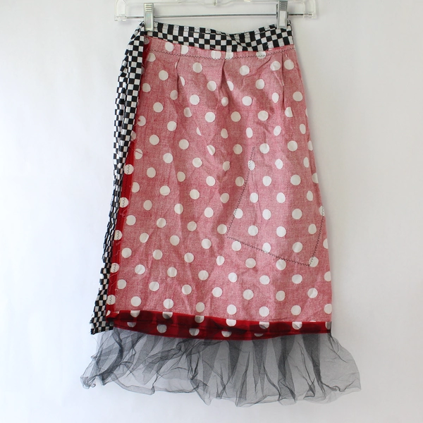 Handmade Cherry Pattern Half Apron with Tulle Trim - Red Black White